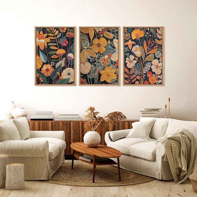 FWIEXA Burnt Orange Floral Framed Wall Art Set of 3, Large Mid Century Modern Flower Canvas Wall Prints, Boho Botanical Wall Decor, 24x36 Inches Neutral Plant Painting for Living Room, Bedroom, Office