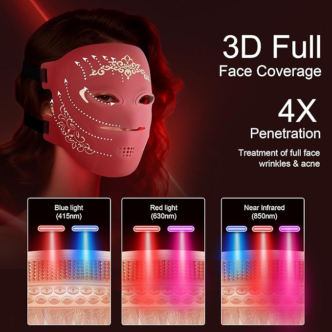 TASNEEM Red Light Therapy for Face, 3D Red Light Therapy Mask with 312 LEDs for Full-face Wrinkles & Acne, 3 Modes with Red & Blue 850nm Near-Infrared Light Therapy Mask, FDA-Cleared, Remote Control