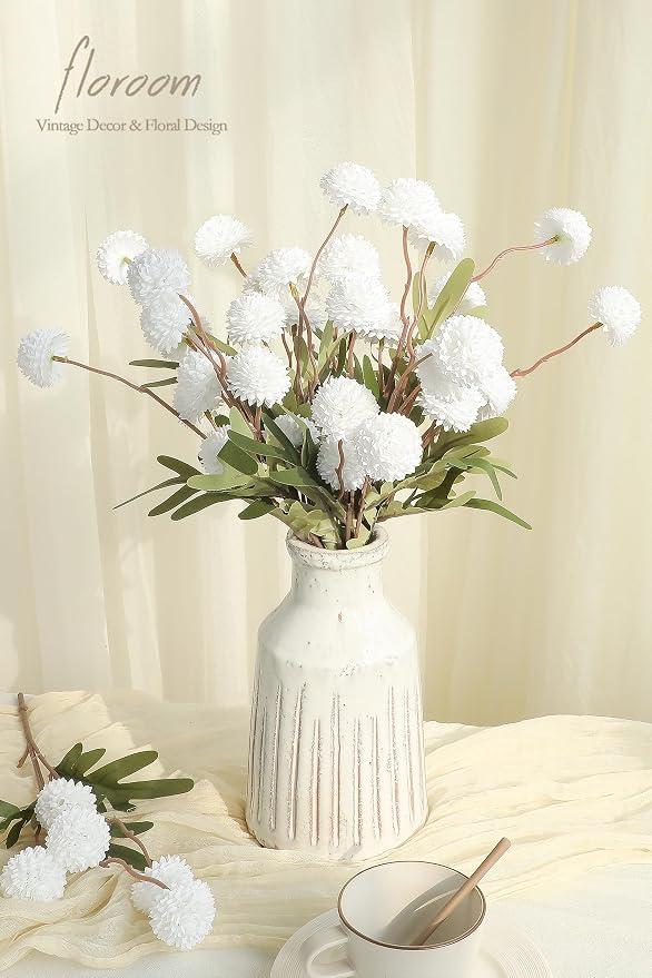 5pcs White Faux Silk Mums Artificial Flowers, Bulk Fake Small Mini Chrysanthemums with Stems for DIY Wedding Centerpieces Floral Arrangements Vase Fillers Home Decorations