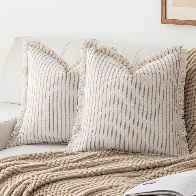 YEENAASY Throw Pillow Covers 24x24 Boho Striped Pillow Cases with Tassel | Set of 2 Fringe Pillow Cover Farmhouse Cushion Covers Neutral Pillows Decorative Square Pillowcase for Couch Sofa Bed, Khaki