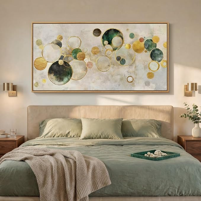 Extra Large Framed Abstract Wall Art for Living Room, Oversized Horizontal Green Canvas Prints Paintings Artwork for Walls, Modern Gold Circle Pictures Wall Decor for Bedroom Dining Office, 36x72 In