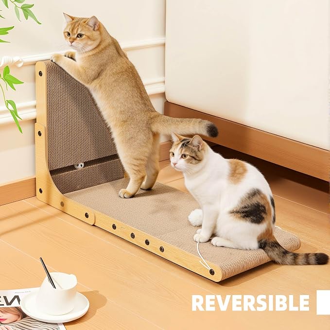 27.6 Inch Reinforced Cat Scratcher, L-Shaped Wall Mount Scratching Post with 2 Catnip Balls & 1 Fuzzy Ball Toy, Easy Flip Scratch Pad for Indoor Cats