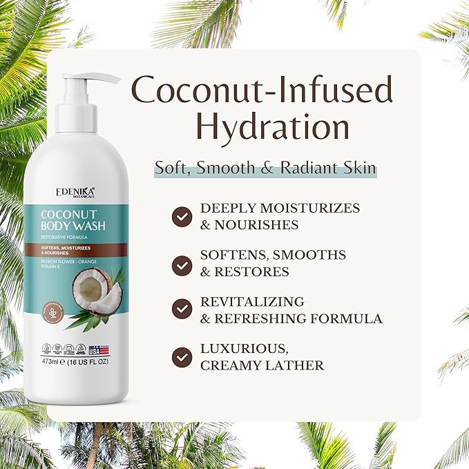 EDENIKA BOTANICALS Coconut Body Wash, Cleans, Softens & Nourishes, Ultra Moisturizing Shower Gel for Dry and Sensitive Skin, Women & Men, Organic & Natural, 16 fl oz