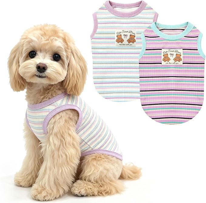 2 Pack Small Dog Shirts Striped Dogs Cats Clothes, Purple&Blue XXL | Soft Pet Tee Shirt, Breathable Dog Outfits with Exquisite Edging, Small Puppy Pajamas Chihuahua Yorki Party Daily Costumes