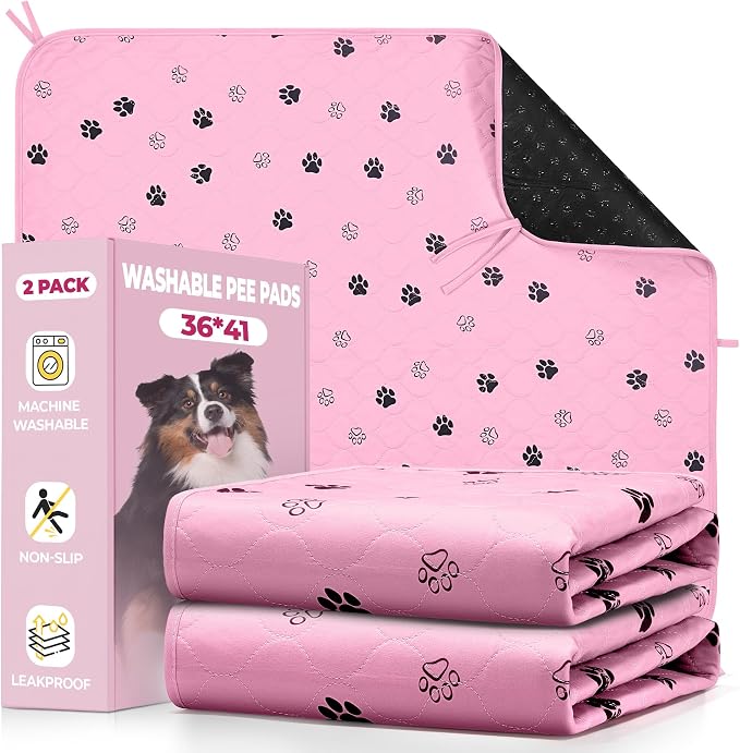 Fostanfly Washable Pee Pads for Dogs, Ultra-Absorbent, 36"x41"-2 Pack, Pink | Leak-Proof, Waterproof, Non-Slip, Large Reusable Pee Pads for Puppy Potty Training, Crate and Playpen with 8 Tie Straps