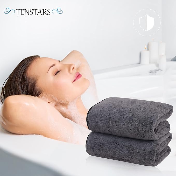 TENSTARS Silk Hemming Bath Towels for Bathroom Clearance - 27 x 55 inches - Light Thin Quick Drying - Soft Microfiber Absorbent Towel for Fitness, Sports, Yoga, Travel, Gym - 2 Pack, Dark Grey