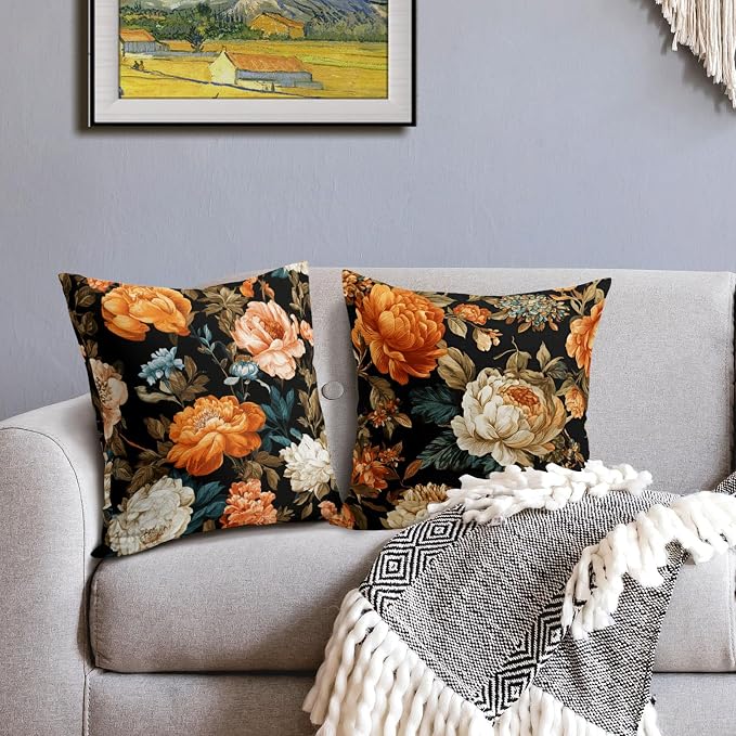 Black Boho Floral Pillow Covers 18X18 Inch Set of 2 Vintage Orange Beige Botanical Flowers Decorative Pillow Cases Mid Century Modern Bohemian Cushion Case Farmhouse Home Decor for Sofa Couch