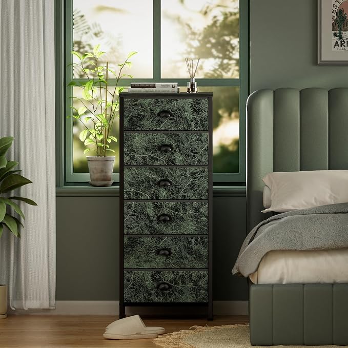 Dresser for Bedroom, 6 Drawer Tall Storage Tower Unit and Chest | Vintage Green Fabric Drawer Organizer in Dorm, Vertical Tall Nightstand Furniture in Living Room,Closet, Metal Frame,Wood Top