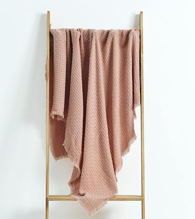 CREVENT Farmhouse Waffle Knit Throw Blanket for Couch Sofa Chair Bed Home Decoration, Soft Warm Cozy Light Weight for Spring Summer Fall (50''X60'' Coral Pink)