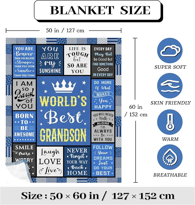 Grandson Gifts from Grandma/Grandpa, Birthday Grandson Blanket 60"x50", Grandson Gift Ideas for Christmas