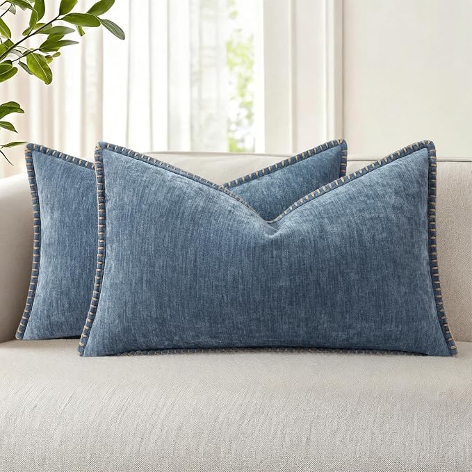 decorUhome Soft Chenille Throw Pillow Covers 12x20 Set of 2 Haze Blue | Fall Textured Decorative Throw Pillow Cases Stitched Edge Modern Farmhouse Luxury Boho Velvet for Couch Sofa Bed Home Decor