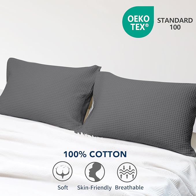 Zaizaihome 100% Egyptian Cotton Waffle Weave Pillowcases Queen Size 2 Pack | Ultra Soft Pillow Shams with Envelope Closure, Breathable Skin-Friendly Decorative Bed Pillow Case, Dark Grey, 20"x30"