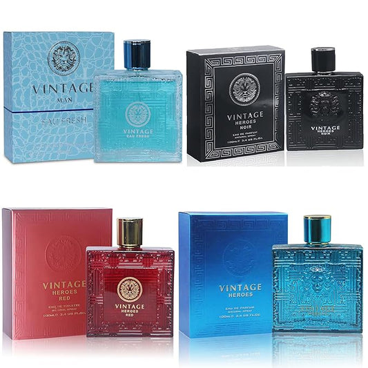 A CENTER Men's Cologne Gift Set 4 Pack Vintage Heroes Series - 3.4 Fl Oz Each | Vanilla Bourbon, Leather & Amber Floral Fragrance | Luxury Eau de Toilette Quartet