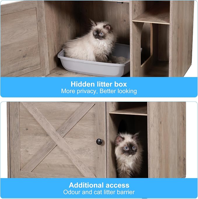 Hey-brother Cat Tree Tower, Wooden Litter Box Enclosure and Condo, MPJ115SG | 61.02 Inches Modern Cat Furniture with Large Platform, Scratching Posts, 2 Hammocks, All-in-one for Indoor Cats, Rustic Gray