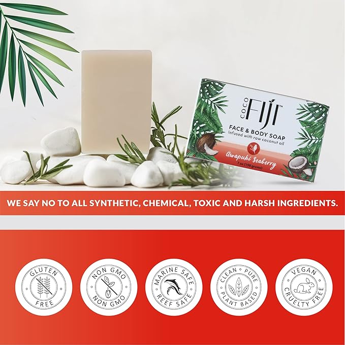 "Coco Fiji Soap Bar for Face and Body Infused With Organic Coconut Oil, Awapuhi Seaberry, Essential Oil, Natural Soap for Moisturizing & Pore Purifying Skin, 7 oz, Pack Of 3 "