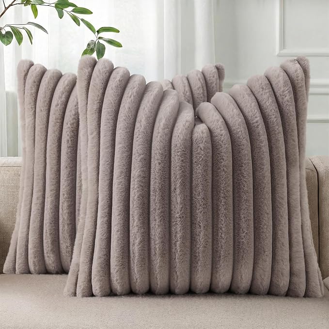 Pallene Faux Fur Decorative Throw Pillow Covers 26x26 Set of 2, Light Coffee