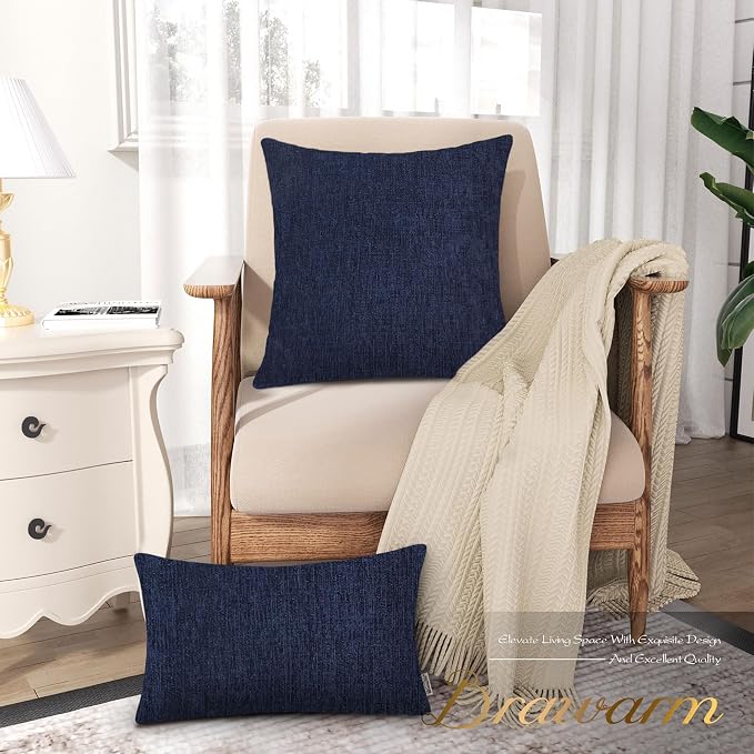 BRAWARM Throw Pillow Covers 22x22 Inches - Navy Blue Chenille Pillow Covers Pack of 2, Solid Dyed Soft Chenille Pillow Cases for Couch Sofa Bed Home Decoration