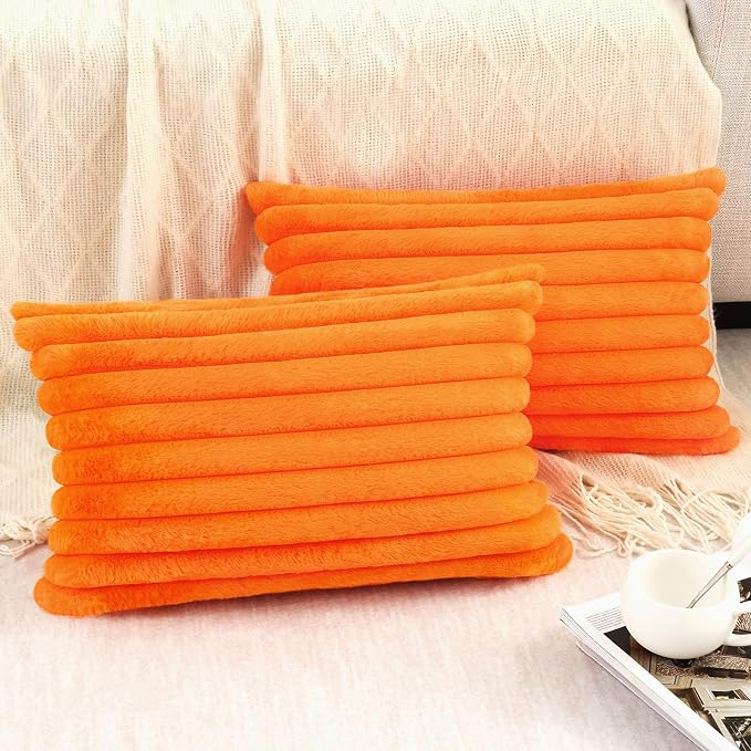 Pallene Faux Fur Fall Throw Pillow Covers 12x20 Set of 2, Burnt Orange | Luxury Plush Texture, Striped Design, Cozy Soft Touch, Modern Home Accent Decor for Couch, Sofa, Bed, Living Room