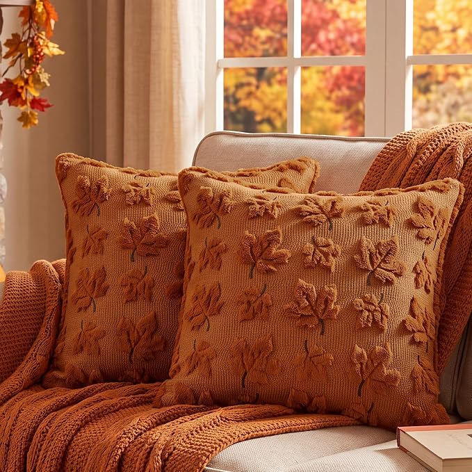 Fall Throw Pillow Covers 18x18 Set of 2 Double-Sided Maple Leaf Covers | Burnt orange plush comfort with raised maple 3D embroidery, designed for living rooms, porches, and cozy fall home decor.