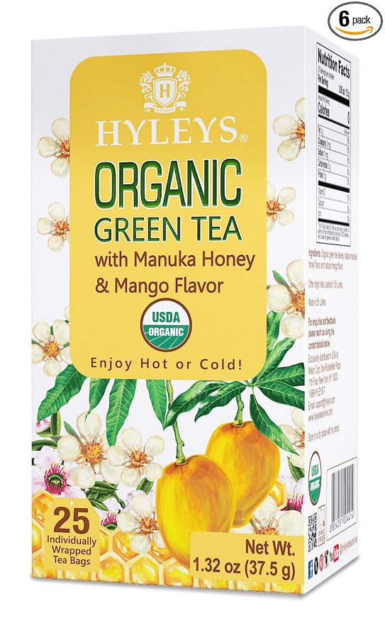 HYLEYS Organic Green Tea, Manuka Honey and Mango Flavor, 150 Tea Bags (6 Pack of 25) - Individually Wrapped Tea Bags - USDA Organic - Kosher & Vegan