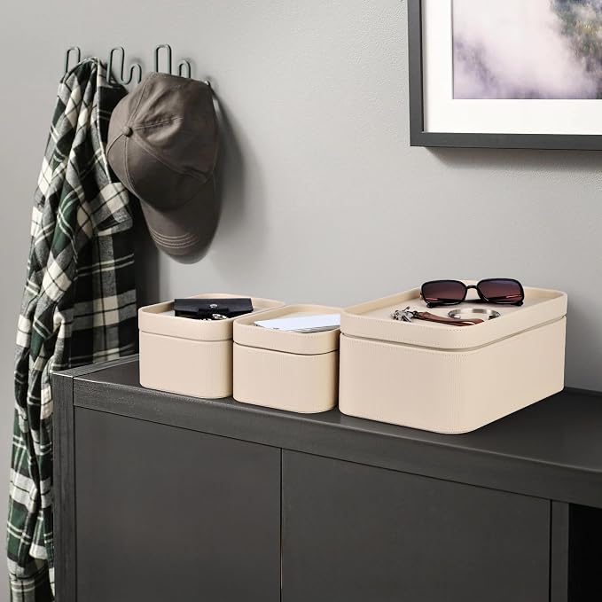 HofferRuffer Faux Leather Decorative Storage Boxes, Dust proof Storage Shelf Baskets with Lids Trays, Storage Bins Memory Box Organizer for Home, Office, Jewelry & More, Set of 3 (Beige)