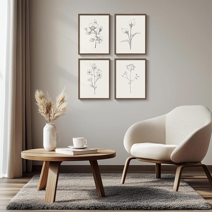 Vintage Floral Wall Art with Walnut Framed, 4 Piece Farmhouse Black and White Botanical Canvas Prints Painting, Rustic Minimalist Flower Pictures for Bedroom Kitchen Bathroom Living Room Home Decor