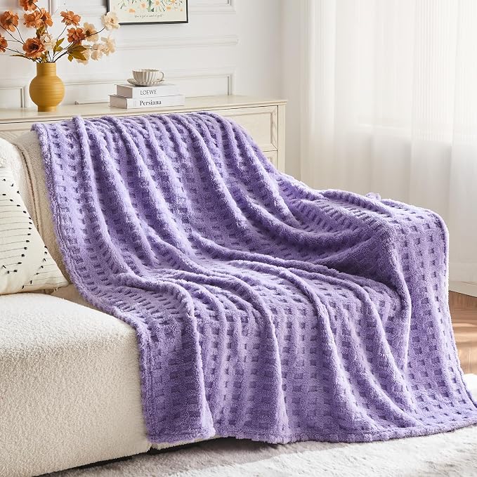 NEWCOSPLAY 3D Waffle Checkered Flannel Throw Blanket, Lavender, 50"x70" | Super Soft Cute Lightweight Decorative Premium Silky Fleece Blanket for Couch Sofa Bed, Gift for Women Men, All Season Use