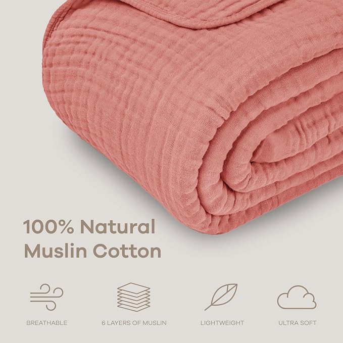 Comfy Cubs Adult Muslin Blanket 50x60” Throw Swaddle Blankets, Dusty Rose | 6 Layer Soft, Breathable & Lightweight Muslin Adult Blanket - Machine Washable & Designed in the US Bedding for All Seasons