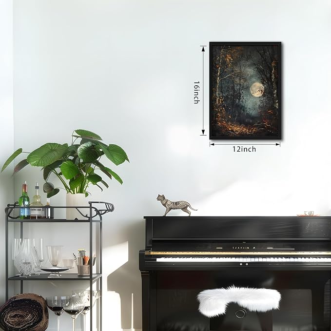 Vintage Framed Wall Art, Forest Gothic Decor, Dark Academia Celestial Moon Canvas Prints, Moody Landscape Painting Wall Decor for Living Room Bedroom – Black Wooden Frame 12x16in