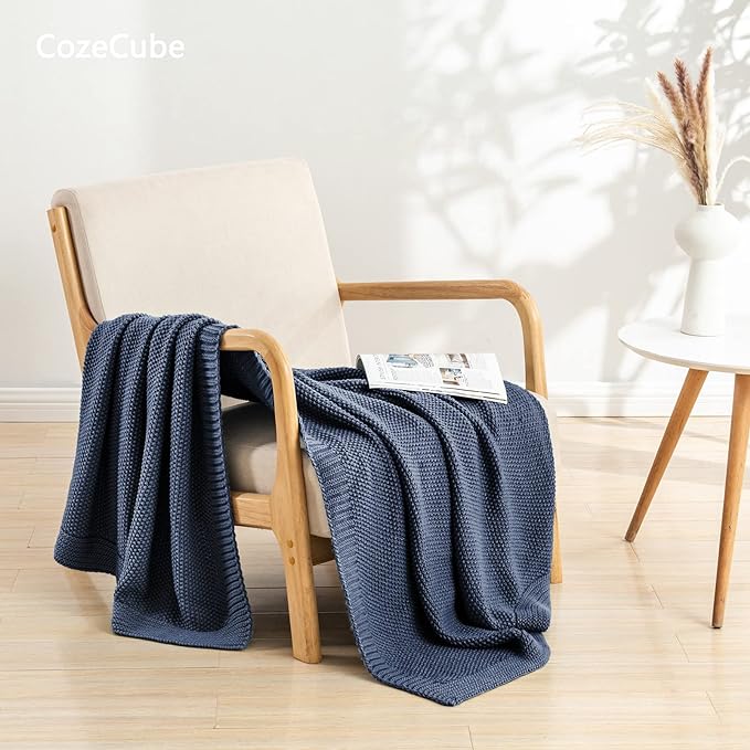 CozeCube Dusty Blue Seed Stitch Throw Blanket 60"x80", Farmhouse Decor | Blanket for Couch, Soft Cozy Cable Knit Throw for Bed Sofa Living Room, Lightweight Warm Decorative Christmas Blanket