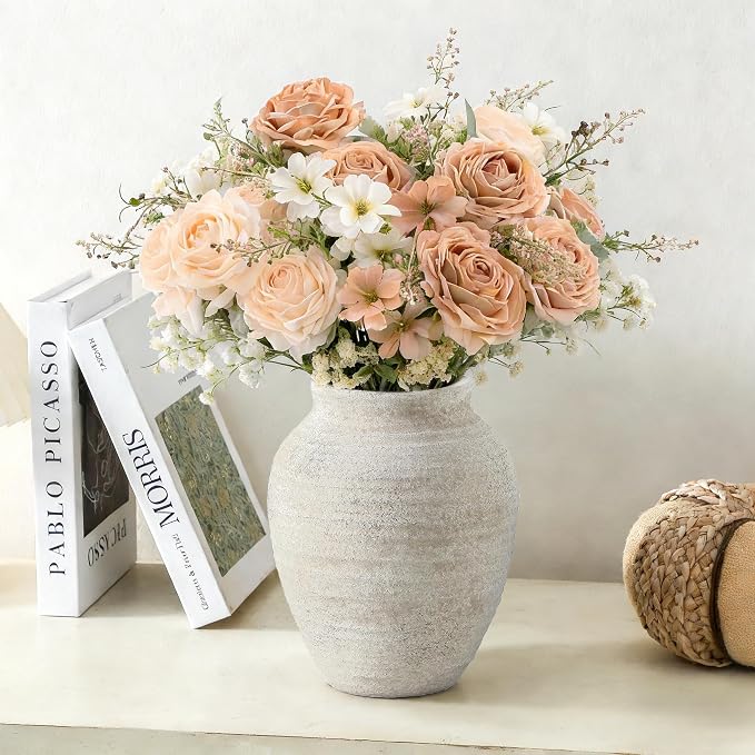Ceramic Flower Vase - 7.4 Inch Farmhouse Rustic Vase for Home Decor Handcrafted Pottery Vase Small Terracotta Vases for Dining Table Decor Fireplace Living Room Bathroom Wedding Centerpiece