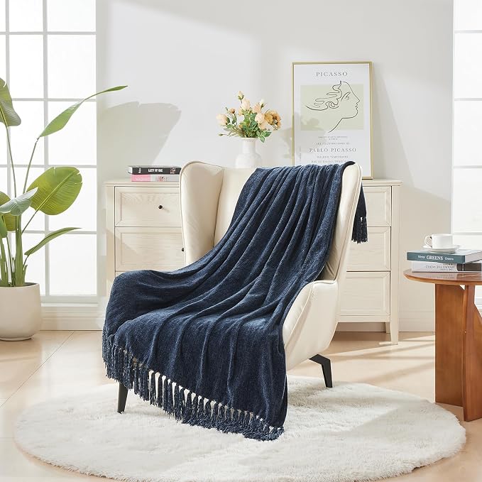 CozeCube Chenille Throw Blanket, Navy Blue Fringe Blanket, 50"X60" | For Couch, Cozy Plush Fuzzy Decorative Blanket with Fringe Tassels, Lightweight Throws for Bed Sofa Gift Home Decor