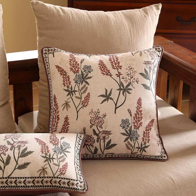 Designer Vintage Linen Throw Pillow Cover,18"x18"-Helena A | Elegant French Square Decor Pillow Cover,Concealed Zipper Design,Floral Pattern,Sofas,Bedroom,Living Room,Lounge Chairs