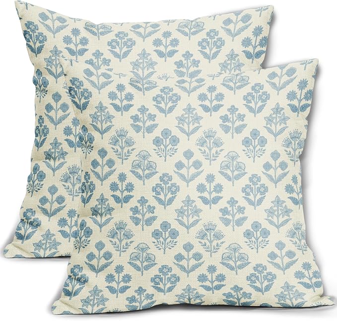 Light Blue Floral Pillow Covers 20x20 Inch Set of 2, Vintage Flower Block Print Pattern Decorative Throw Pillowcases Outdoor Farmhouse Cushion Covers Spring Summer Rustic Sofa Couch Bed Decor