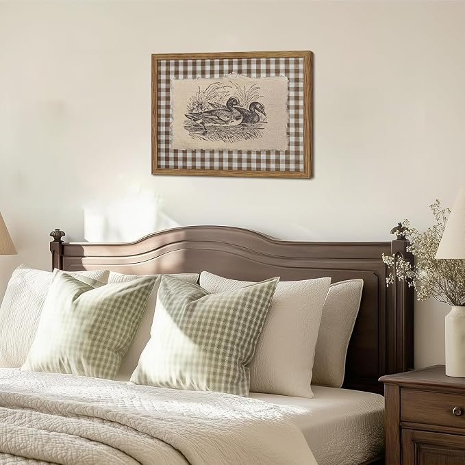 Vintage Duck Framed Wall Art – Retro Farmhouse Brown Gingham Duck Poster, Rustic Cottagecore Decor Canvas Print, Vintage Wall Decor for Living Room Bedroom Office Nursery 16x24 inch