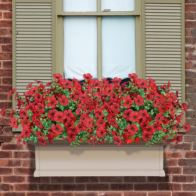 12 Pcs Artificial Flowers for Outdoors Decorations, Red | Lifelike silk flowers, UV resistant, faux plastic plants, for garden porch window table vase home indoor outdoor decor