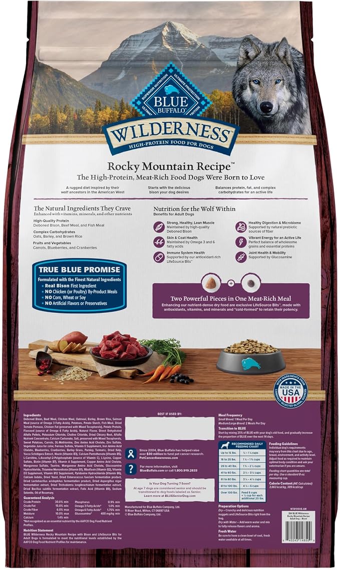 Blue Buffalo Wilderness Rocky Mountain Recipe Bison Dry Dog Food, 28 lb | 31g Protein, Real Bison #1 Ingredient, Wholesome Grains, Antioxidant-Rich Fruits & Veggies, High Protein to Fuel Adventures