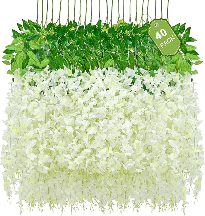 40 Pack White Wisteria Hanging Flowers, Fake Flowers for Decoration | Artificial Hanging Flowers, Vines for Bedroom, Flower Garland for Home, Party, Wall, Wedding Decoration(3.6 Ft/Pcs)