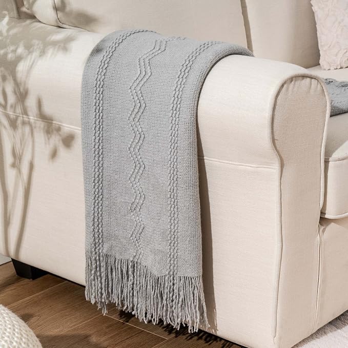 BATTILO HOME Light Grey Throw Blanket for Couch, Geometric Grey Bed Throws Decorative Boho Blanket for Sofa Living Room, 50"x60"