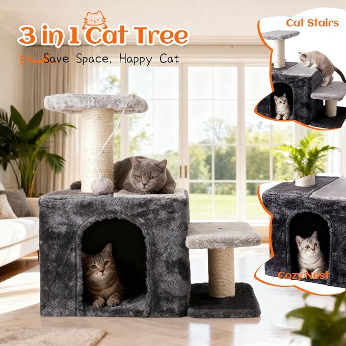 3-in-1 Pet Stairs for Cats, Indoor Steps for Old Cat,Ladders for High Bed Pet's Joints, Sisal Scratching Posts, Kitten Cave Nest Bed