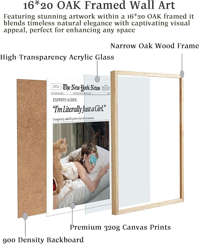 EcoHest 16x20 in Audrey Hepburn I'm Literally Just a Girl Framed Wall Art | Solid Oak Wood Frame with Canvas Wall Art, Vintage Newspaper Wall Decor for Bedroom, Bathroom, Apartment, Dorm Room, 1Pack
