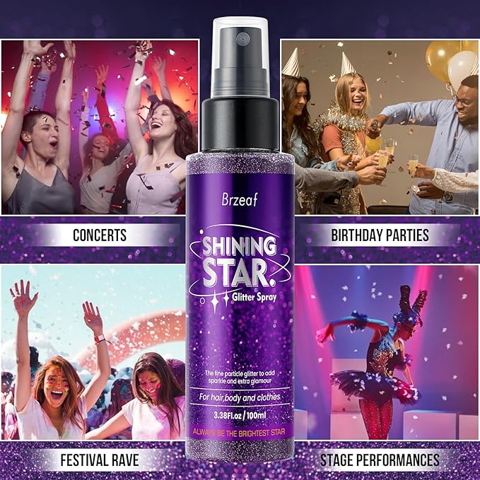 Brzeaf Waterproof Glitter Spray, Christmas Glitter Spray for Hair and Body, Long-Lasting & Quick-Drying, Shiny Glitter Hairspray, Waterproof Body Glitter, for Stage Makeup and Festival Rave