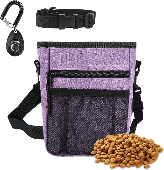 kissleaf Dog Treat Pouch, Magnetic Closure, Dog Clicker- Purple