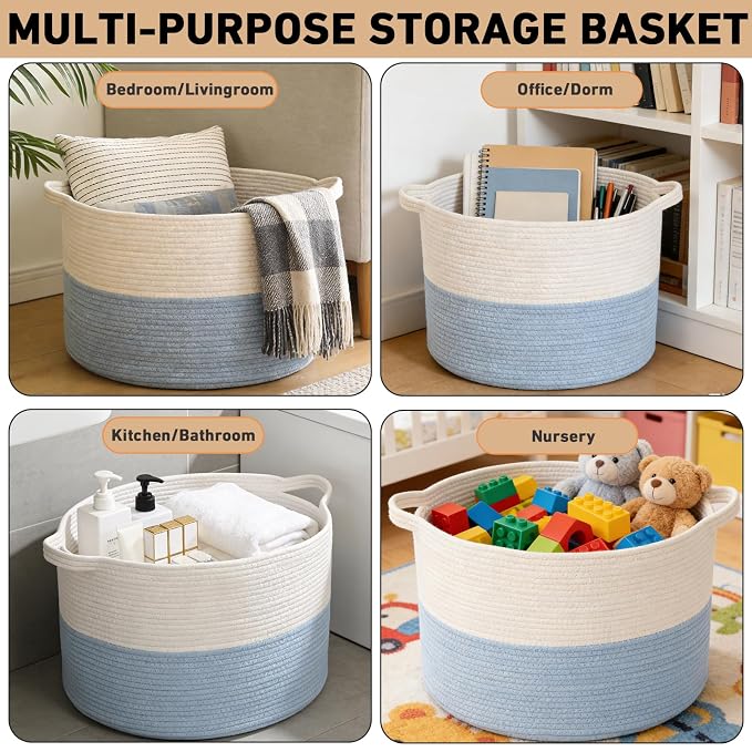 115L Extra Large Woven Blanket Basket, Laundry Hamper-White&Blue | Collapsible, reinforced handles, nursery storage bin organizes clothes, toys and pillows for living room, bedroom bathroom