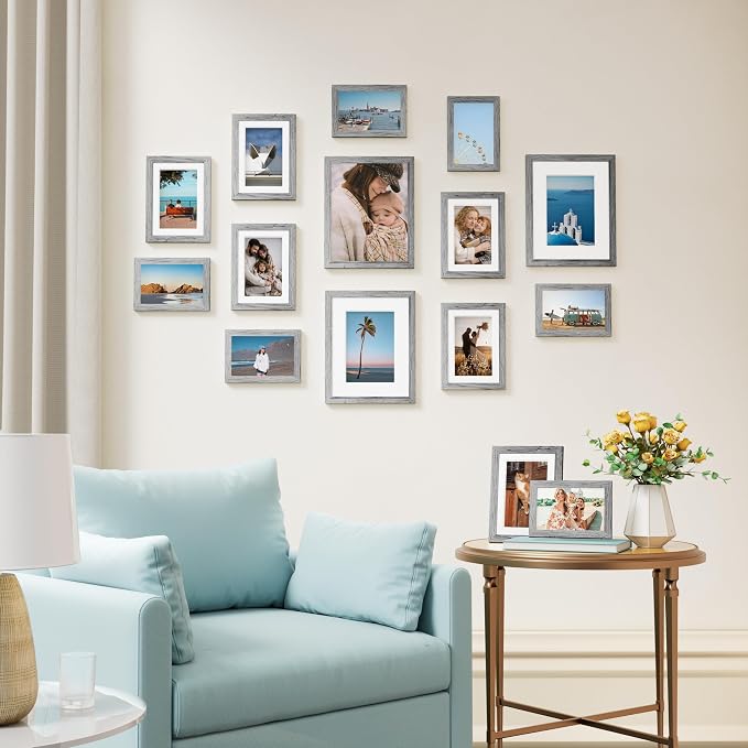 Vittanly 15 Pack Picture Frames Collage Wall Decor, Wall/Tabletop Display | Grey, Multi-Size Gallery Wall Frame Set: 3pcs 8x10, 6pcs 5x7, 6pcs 4x6. Picture Frame Set for Family