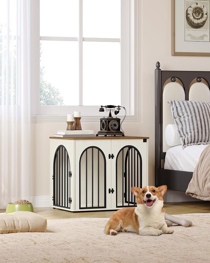 Hzuaneri 26.8'' Dog Crate Furniture,Dog Kennel Indoor for Small Dogs | Dog Kennel Furniture Wooden Dog Cage Heavy Duty Dog Crate Decorative Pet House End Side Table TV Stand,White Brown DFC85514B
