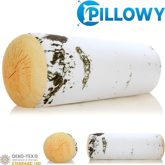 PILLOWY Microbead Log Roll Pillow - Bolster Tube Pillow Cushion Perfect Therapy Pillow - Airy Squishy Soft Bead Bag Bed Room Decoration, Neck Pillow Back Head Body Support, 14" X 8", Birch Wood