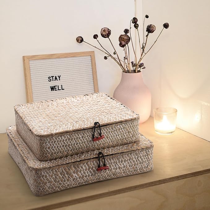 Whitewash Flat Seagrass Storage Bins with Lid, Wicker Basket for Shelf Organize, Set of 2 (Small+Large)