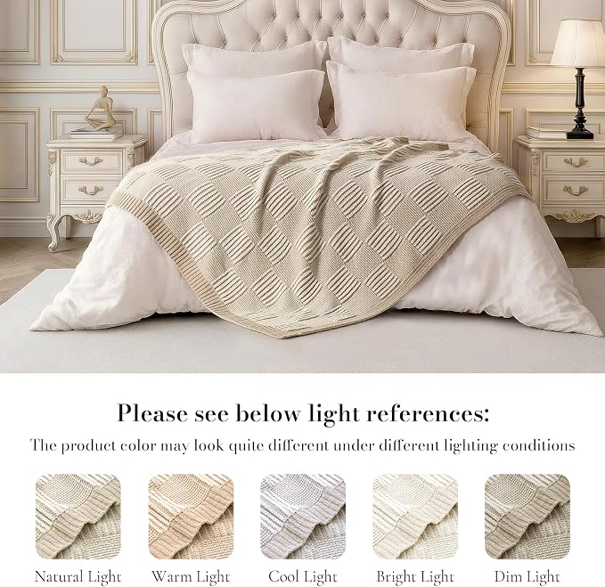 Knit Throw Blanket, Soft Chenille Cozy Breathable Dual Tone Checkered Chunky Decorative Blanket for Couch, Bed & Sofa, French-Inspired Lightweight Warm Gift for Women, Beige, 50"x60"