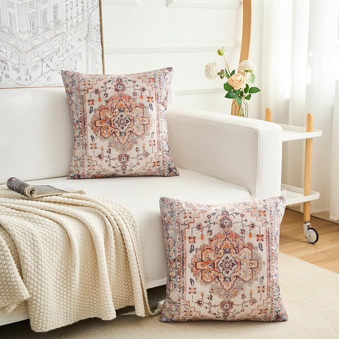 Boho Throw Pillow Covers 24x24 inch Set of 2,Boho Vintage Carpet Pattern Antique Ethnic Decor Double Sided Pattern Cushion Cover Soft Pillow Case Living Sofa Room Bed Square Pillow Cover